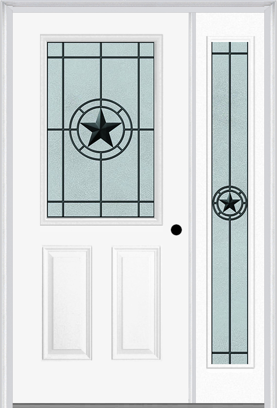 MMI 1/2 Lite 2 Panel 6'8" Fiberglass Smooth Elegant Star Wrought Iron Exterior Prehung Door With 1 Full Lite Elegant Star Wrought Iron Decorative Glass Sidelight 684